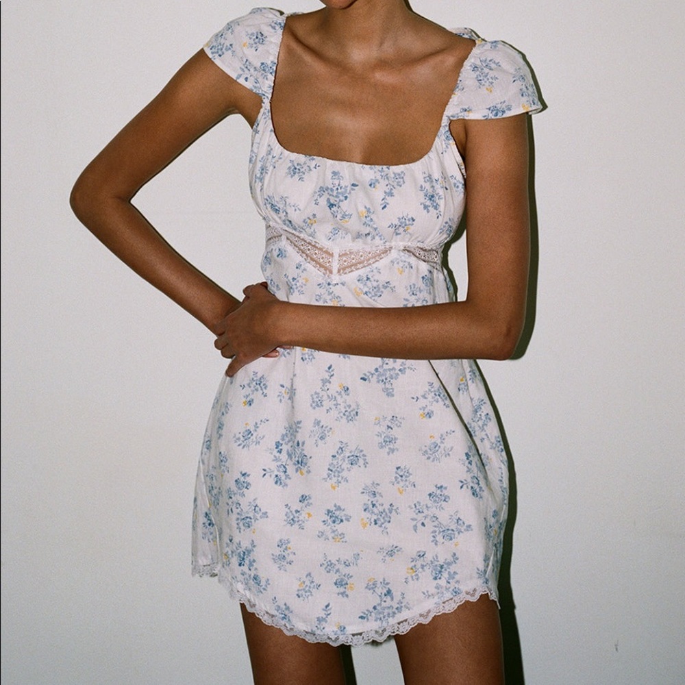 LPA Ernesta blue floral lace mini dress